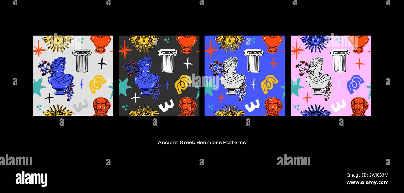 Ancien grec dessiné à la main Seamless Pattern Set avec sculptures Illustration de Vecteur