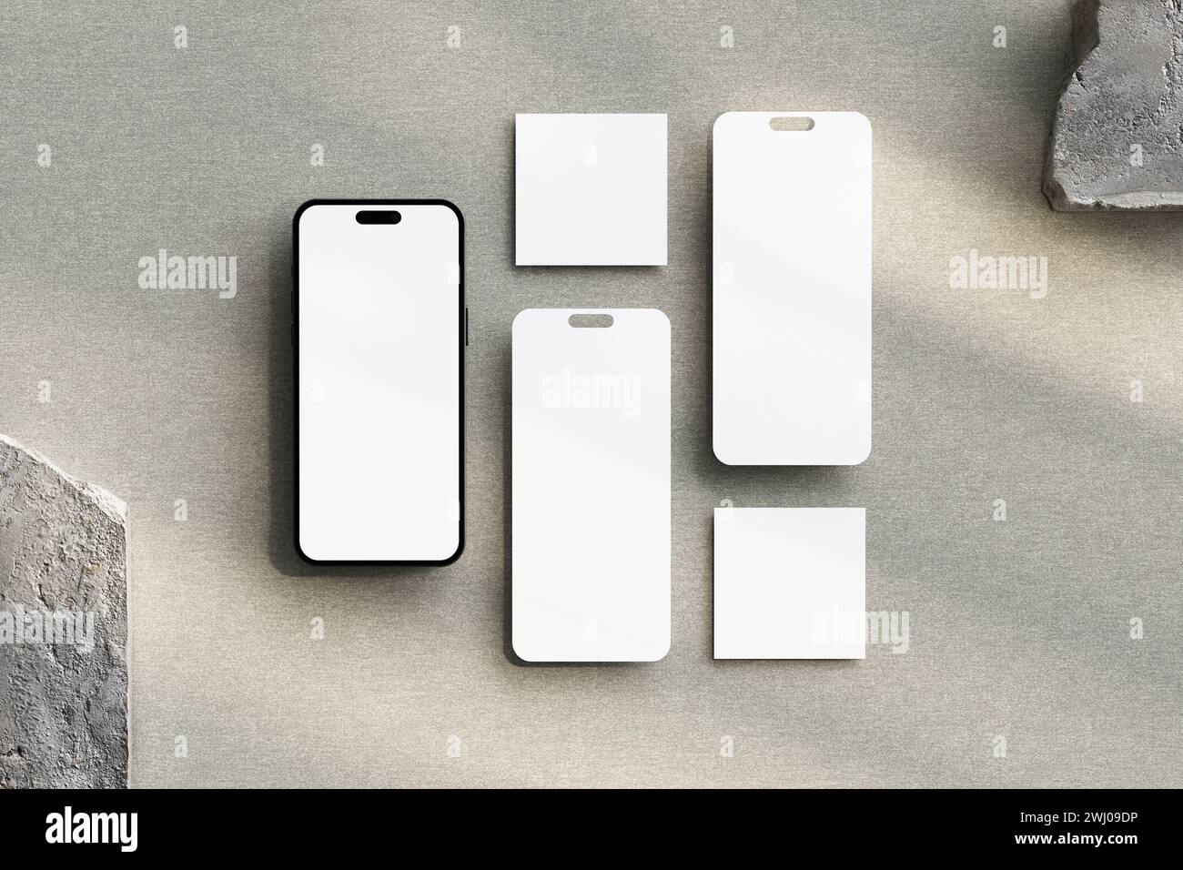 Maquette d'écran vierge de téléphone mobile et diverses diapositives flottant dans le rendu 3D pour la présentation de l'application. Interface de médias sociaux, interface utilisateur ux et templ de conception Web Banque D'Images