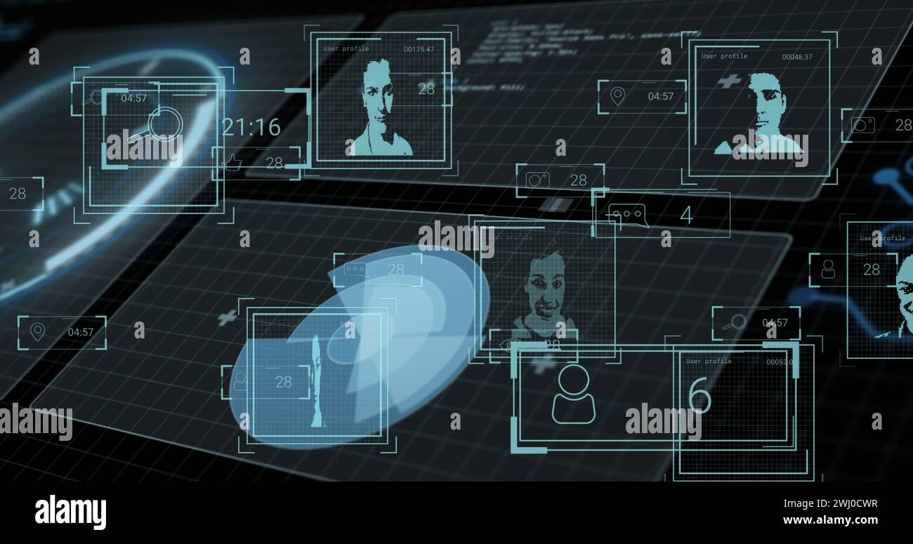 Image du traitement des données et des icônes de personnes sur fond noir Banque D'Images