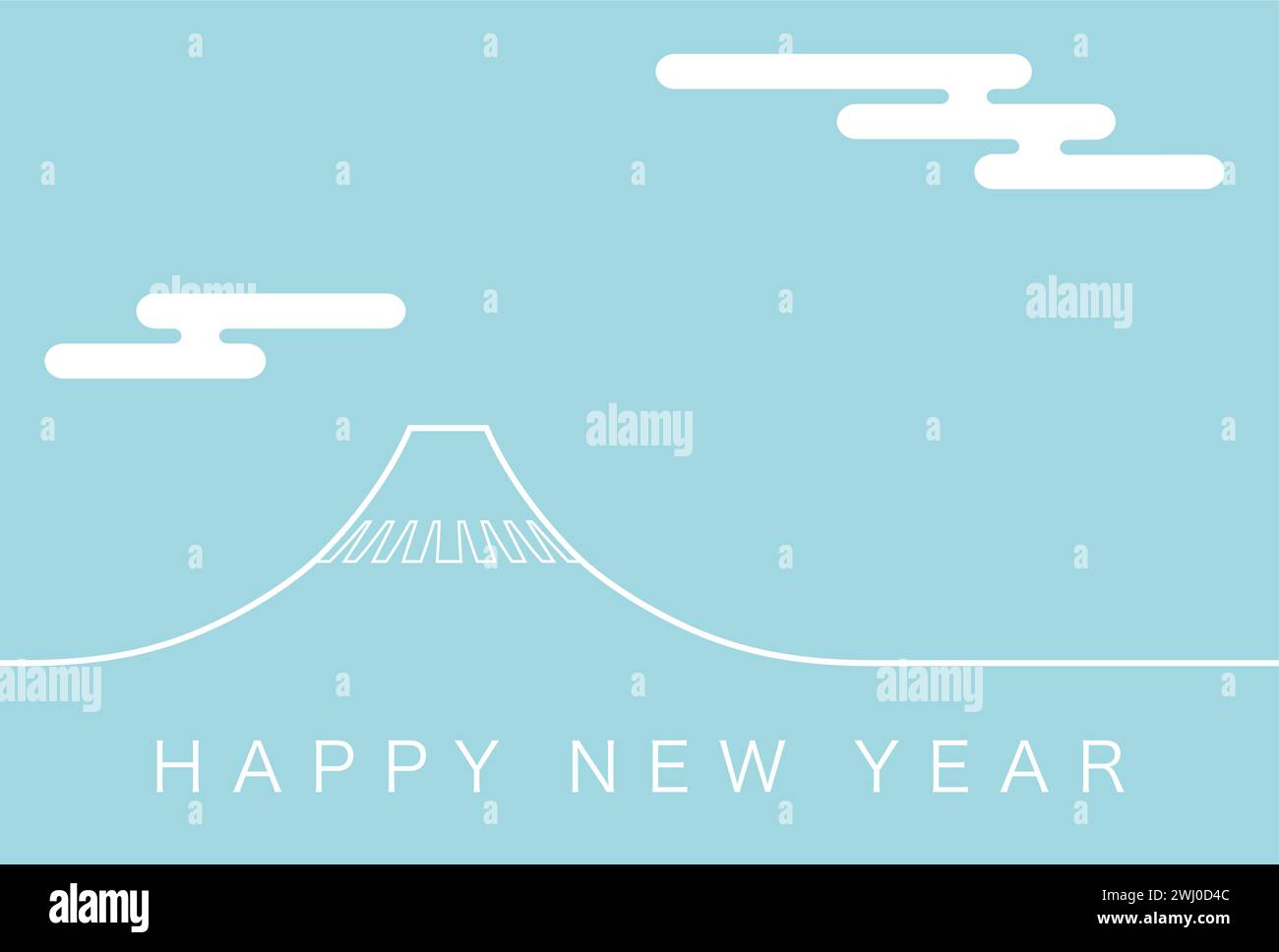 Modèle de carte du nouvel an vectoriel avec Mt. Fuji, les nuages dans le ciel et les vœux du nouvel an. Illustration de Vecteur