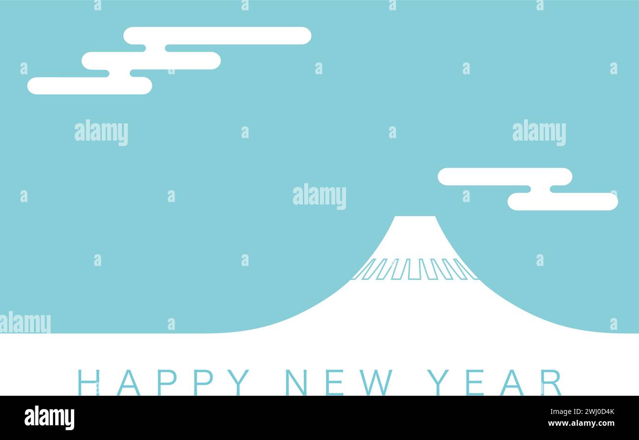 Modèle de carte du nouvel an vectoriel avec Mt. Fuji, les nuages dans le ciel et les vœux du nouvel an. Illustration de Vecteur