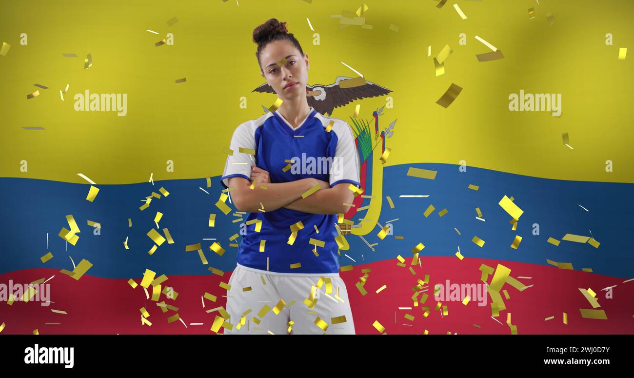 Image d'une joueuse de football féminine biraciale au-dessus du drapeau de la colombie Banque D'Images