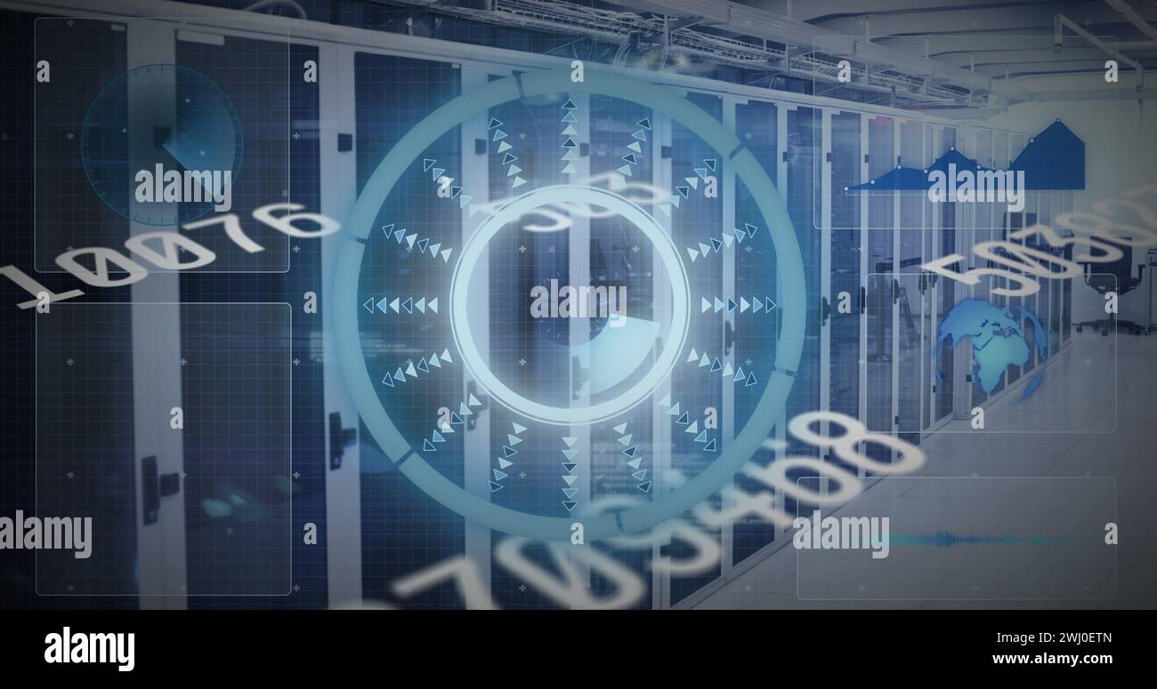 Image de la numérisation de l'oscilloscope et des numéros changeant dans la salle technique avec des serveurs informatiques Banque D'Images