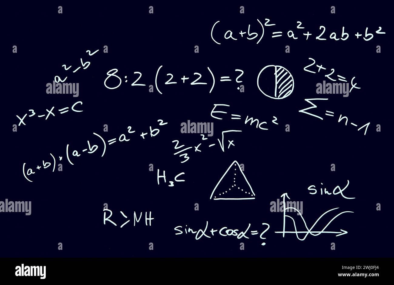 Tableau noir pour résoudre les équations mathématiques. Exemples sur le tableau de surveillance. Gros plan. Banque D'Images