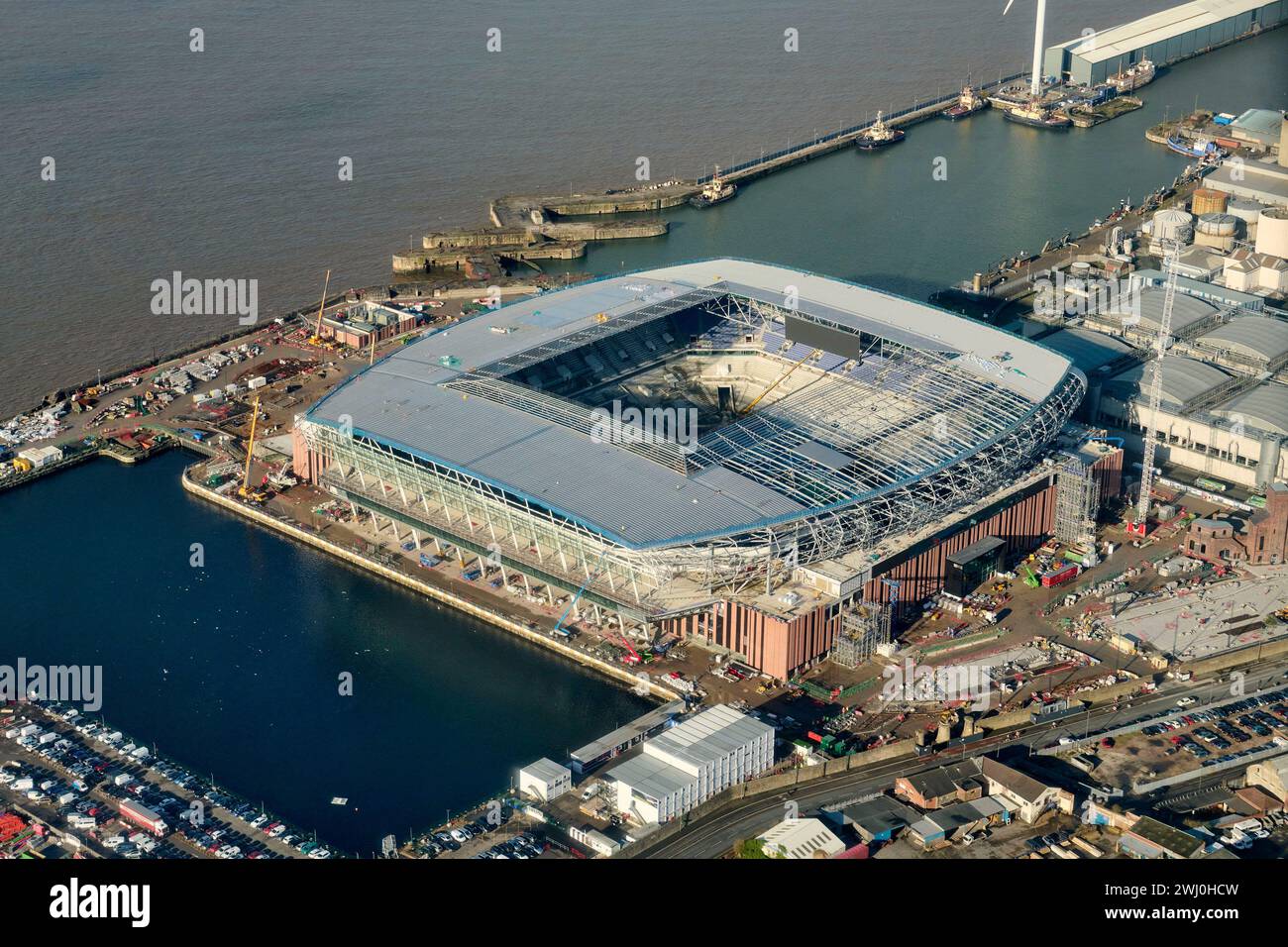 Le stade du New Everton Football Club à Bramley Moore Dock, Merseyside, Liverpool, Nord-Ouest de l'Angleterre, Royaume-Uni, en construction Banque D'Images