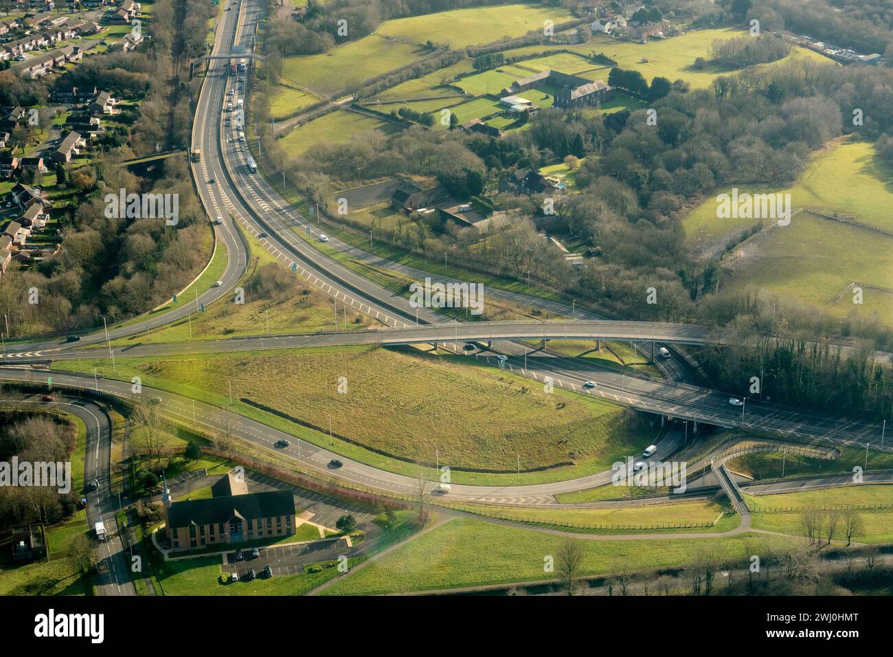 Carrefour routier, vu des airs, Runcorn, Angleterre du Nord-Ouest, Royaume-Uni Banque D'Images