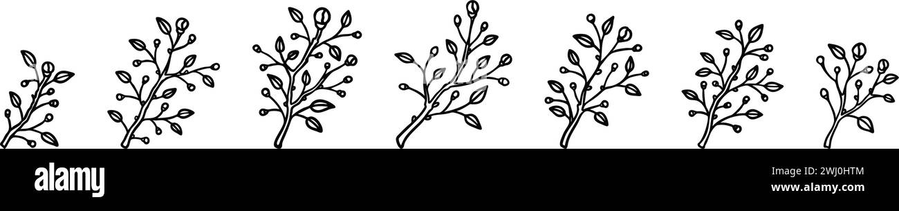 Ensemble de branches de contour de floraison printanière. Icônes minimalistes de plantes à fleurs dessinées à la main en noir et blanc. Élément de design moderne minimal pour les cartes de voeux, WED Illustration de Vecteur