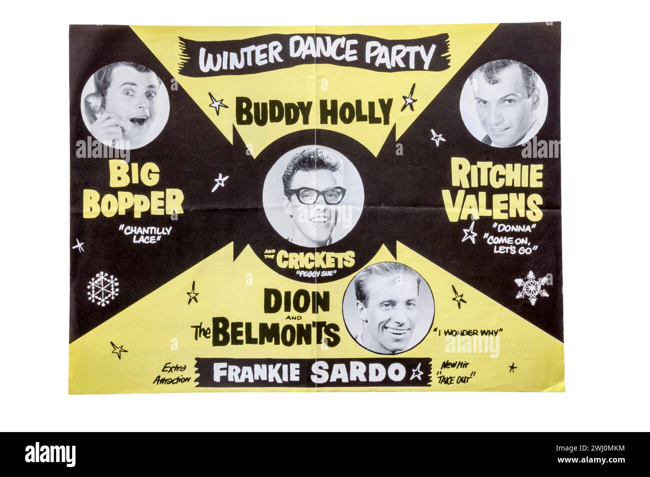 Affiche pour la soirée dansante hivernale à la salle de bal Surf, Clear Lake, Iowa. Avec Buddy Holly & The Crickets, Big Bopper, Ritchie Valens & Dion & The Belmonts. Banque D'Images
