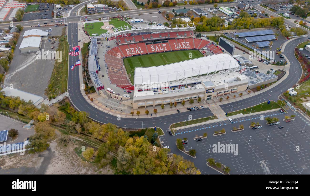 Vue aérienne de America First Field, stade du Major Leauge Soccer Club, Real Salt Lake Banque D'Images