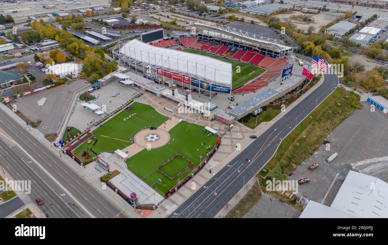Vue aérienne de America First Field, stade du Major Leauge Soccer Club, Real Salt Lake Banque D'Images