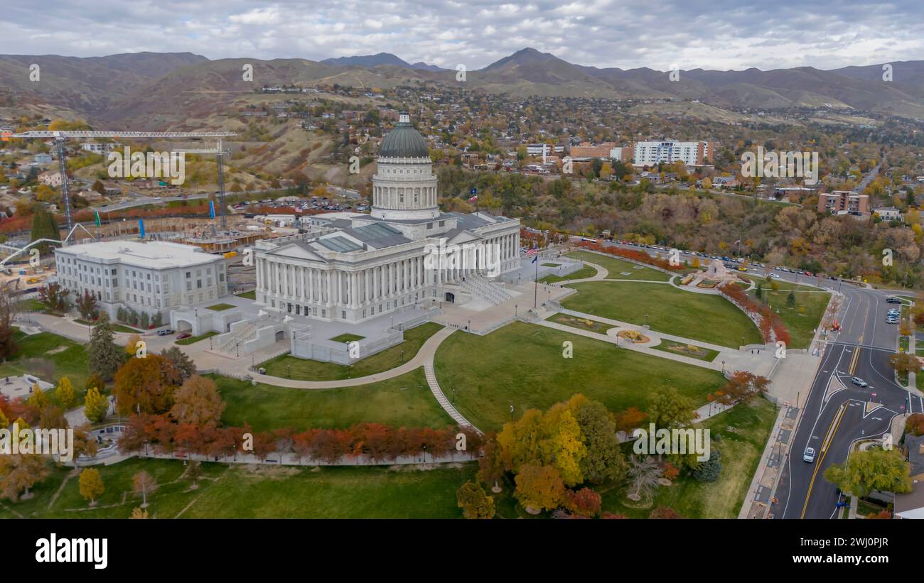 Vue aérienne du bâtiment du Capitole de l'État de l'Utah à Salt Lake City, Utah Banque D'Images