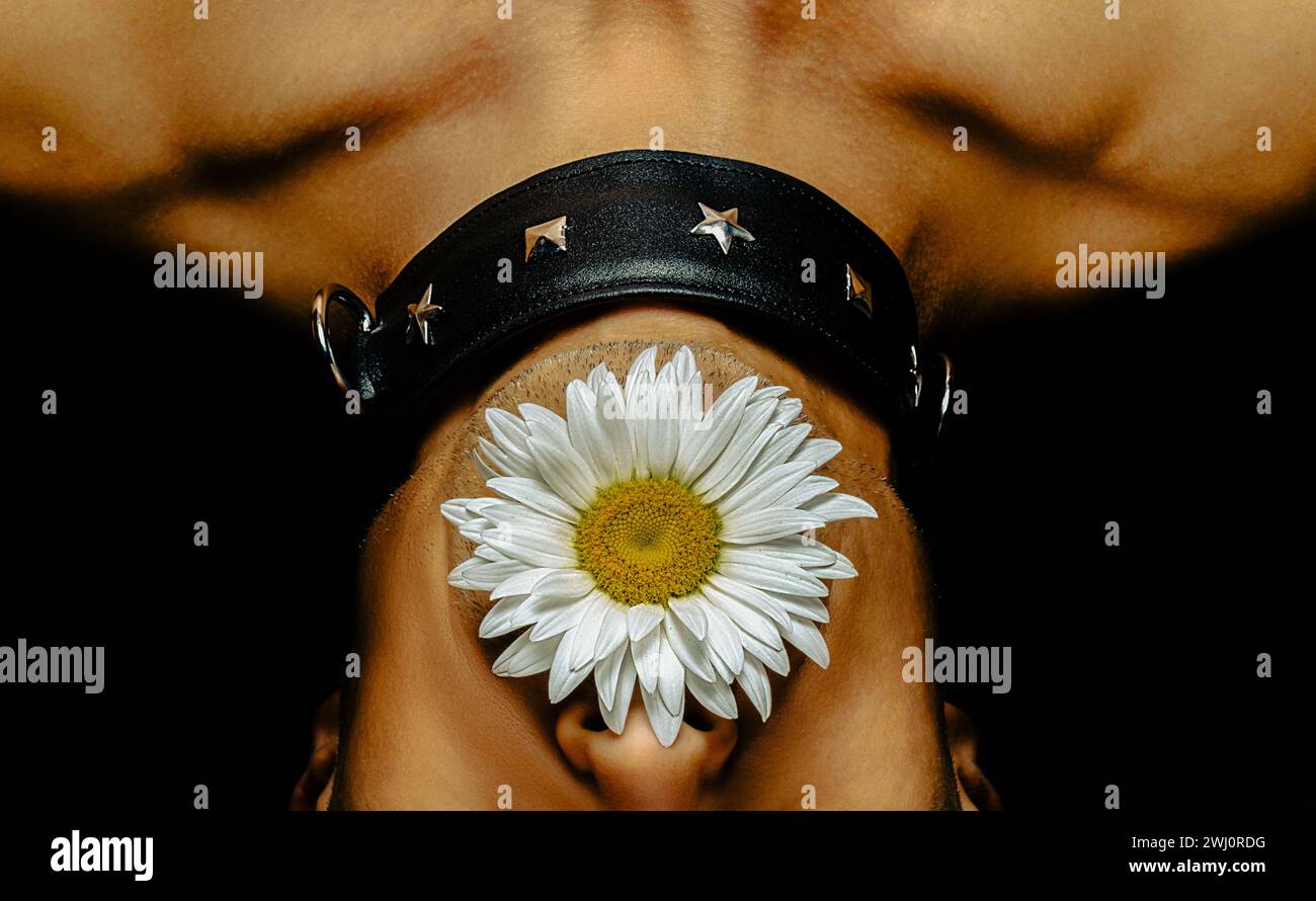 Homme adulte dans un collier en cuir noir avec une fleur en guirlande dans la bouche sur un fond noir Banque D'Images Homme adulte dans un collier en cuir noir avec une fleur en guirlande dans la bouche sur un fond noir Banque D'Images