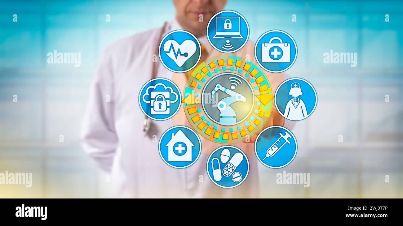 Un médecin masculin méconnaissable est en train de brancher un robot chirurgical dans une interface d'application de soins de santé. Concept de santé et de technologie médicale pour rem Banque D'Images