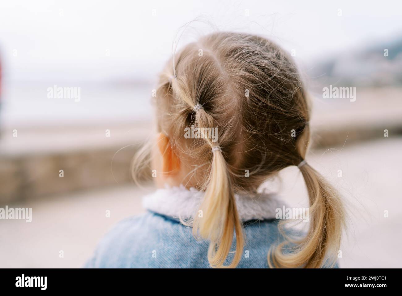 Petite fille se tient sur le rivage et regarde la mer. Vue arrière Banque D'Images