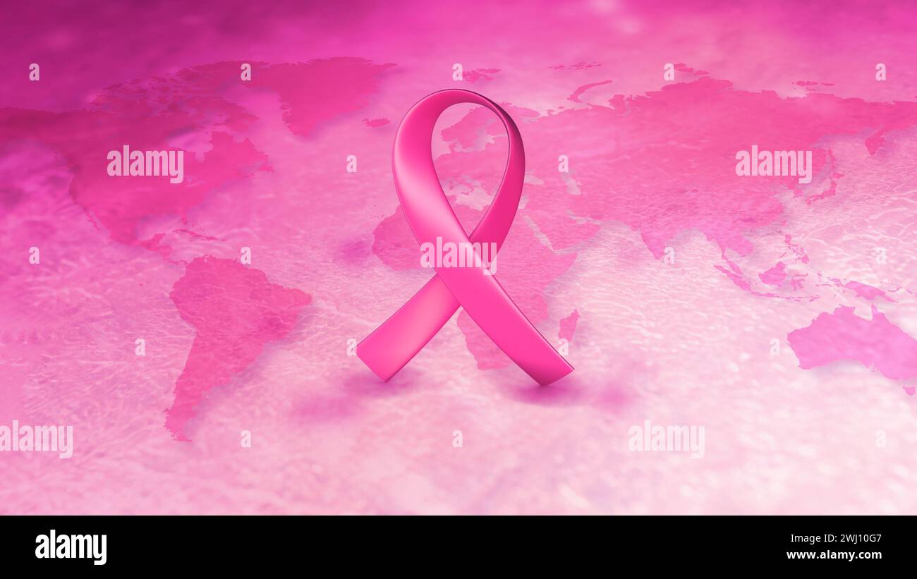 Animation de la journée mondiale du cancer sur fond rose de carte du monde Banque D'Images
