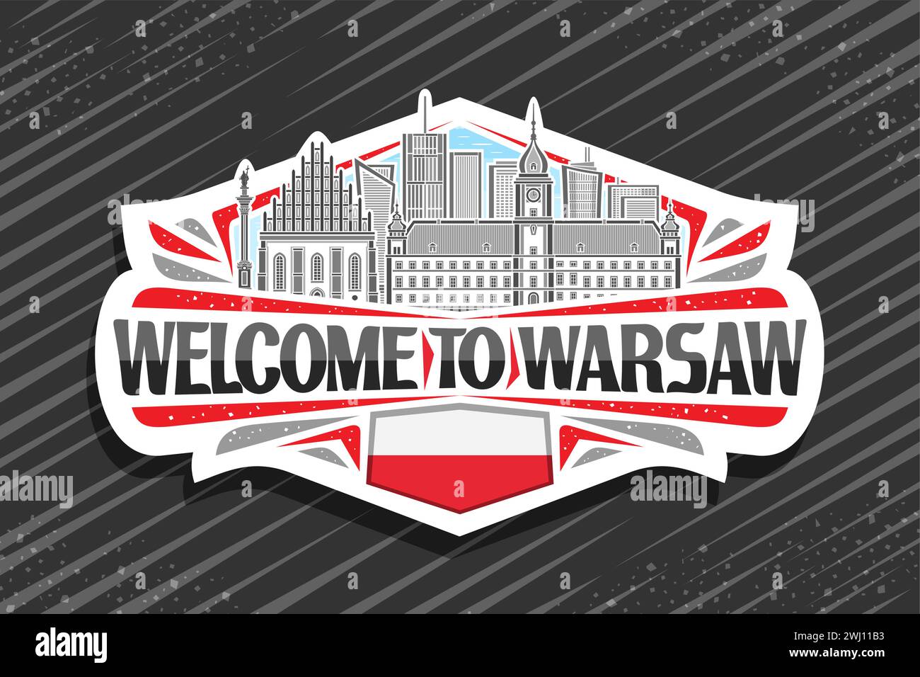 Logo vectoriel pour Varsovie, étiquette décorative blanche avec illustration de contour du paysage panoramique de la ville de varsovie sur fond de ciel de jour, refrige de conception d'art de ligne Illustration de Vecteur