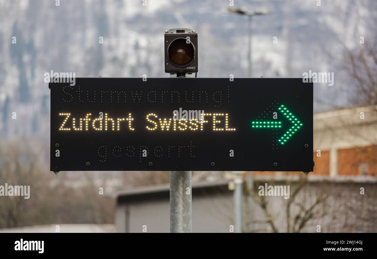 Ein Wegweiser zeigt den Weg zum Schweizer freien Elektronenlaser (SwissFEL) am Paul Scherrer Institut. (Villingen, Schweiz, 22.01.2023) Banque D'Images