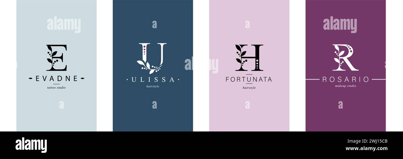 Lot de logos Botanique minimalistes. Monogramme des lettres E, U, H, R. pour carte de visite Illustration de Vecteur