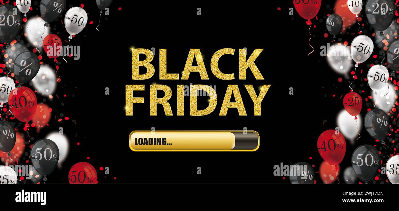 Bannière Black Friday avec texte doré et ballon de réduction. Fichier vectoriel EPS 10. Banque D'Images