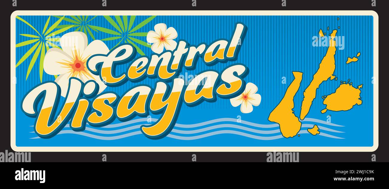 Région administrative des Visayas centrales des Philippines. Plaque ou autocollant de voyage de vecteur, signe d'étain vintage, carte postale de vacances rétro ou panneau de voyage, étiquette de bagage. Plaque avec carte et fleurs Illustration de Vecteur Région administrative des Visayas centrales des Philippines. Plaque ou autocollant de voyage de vecteur, signe d'étain vintage, carte postale de vacances rétro ou panneau de voyage, étiquette de bagage. Plaque avec carte et fleurs Illustration de Vecteur