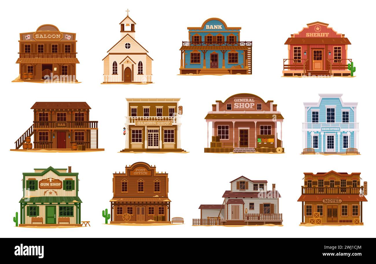 Bâtiments de dessins animés de la ville de Western Wild West. Amérique Wild West ville ou ville saloon, église, banque et bureau de shérif, magasin d'armes à feu, stockage de drogue et motel isolé vecteur bâtiments en bois vintage, maisons Illustration de Vecteur
