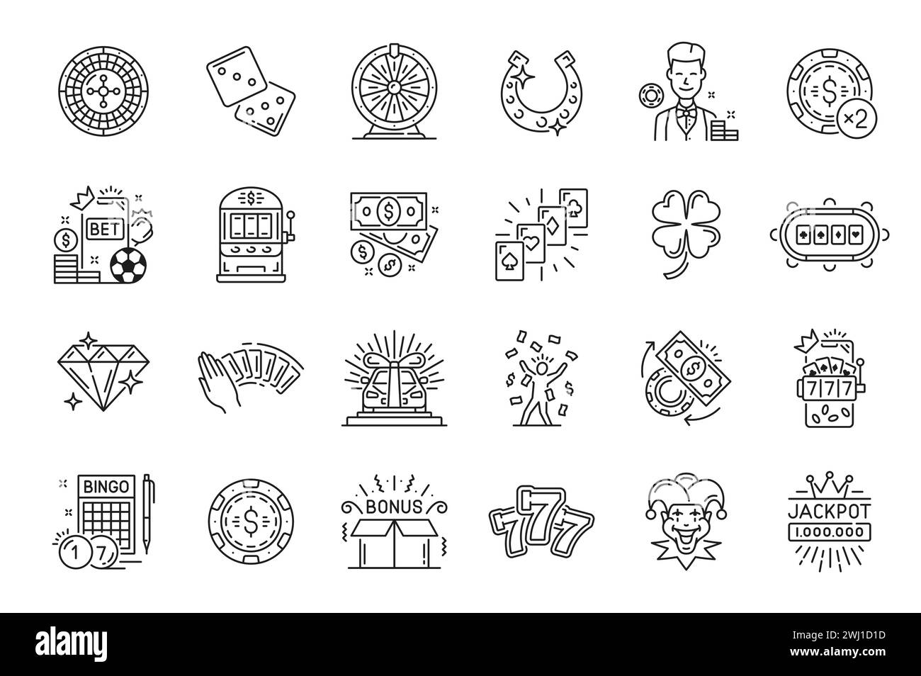 Icônes de ligne Casino. Jeux d'argent et loisirs de Las Vegas, gain de pot de casino jack et pictogrammes de contour de jeu de poker avec machine à sous, cartes à jouer, roulette, fer à cheval et croupier, trèfle, puce et argent Illustration de Vecteur