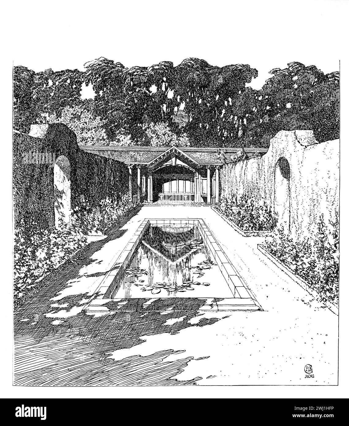 1901 abri de jardin et étang de nénuphars à Three Gables, Biddenham, Bedordshire, illustration au trait, par Frederick Landseer Maur Griggs Banque D'Images