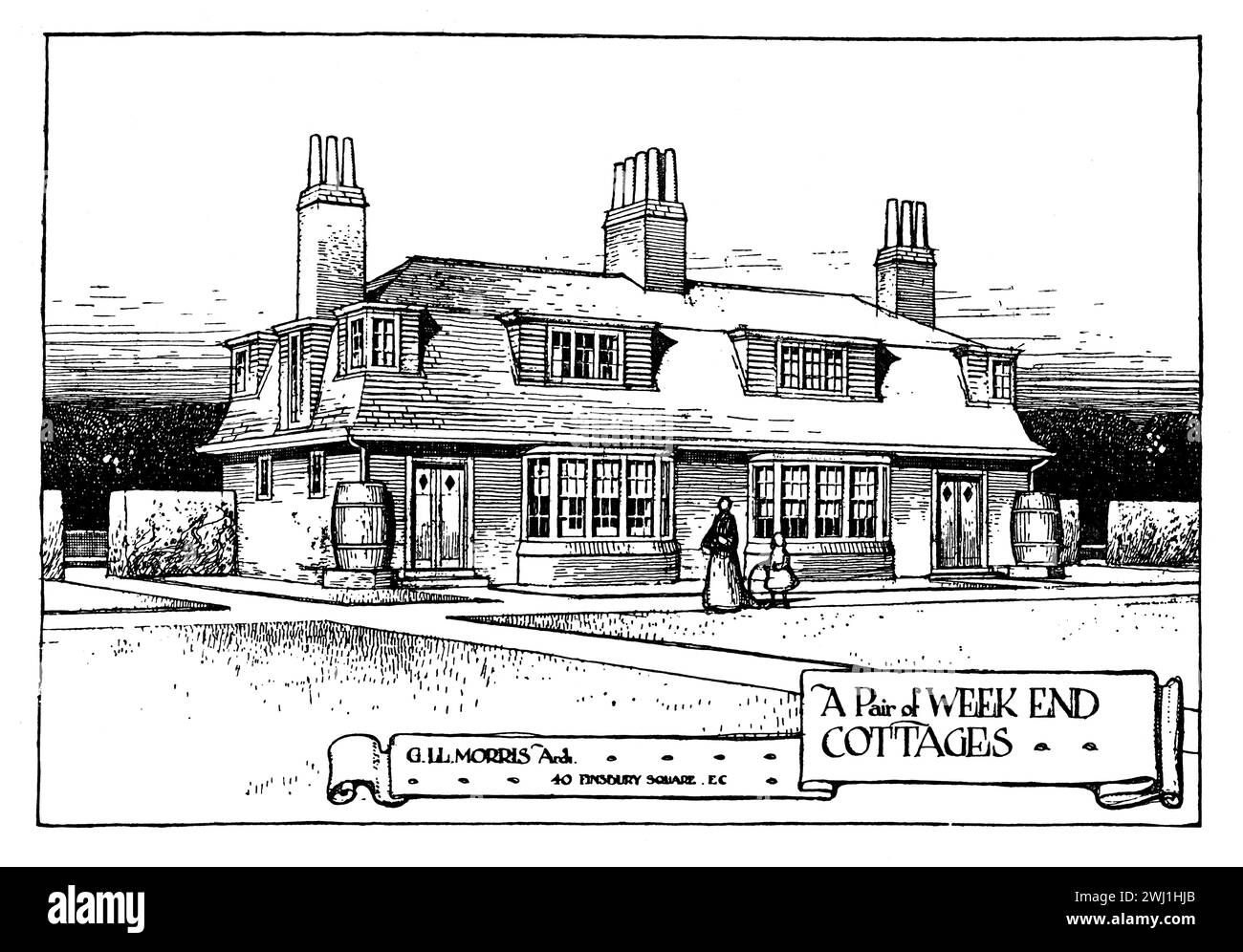 Art and Crafts architecture, 1905 design pour une paire de chalets de week-end par G LL Morris Banque D'Images