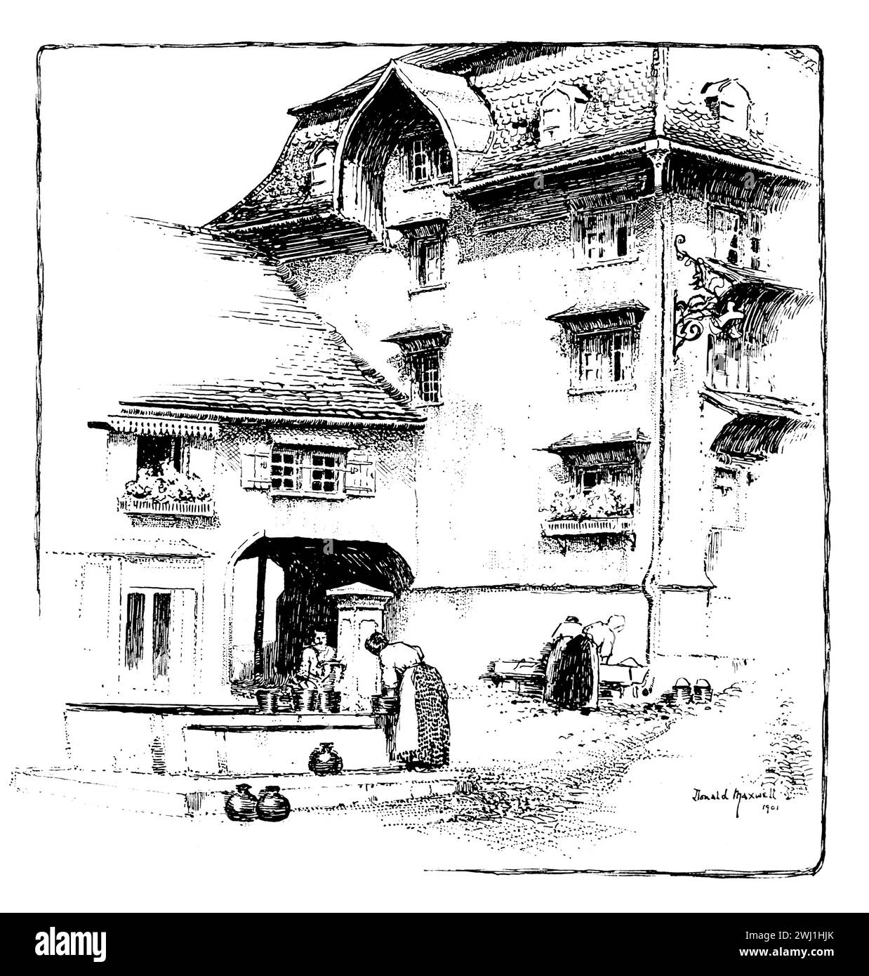 1901 illustration topographique Fontaine à Magelsburg (Mogelsburg) Suisse, par l'illustrateur anglais Donald Maxwell Banque D'Images
