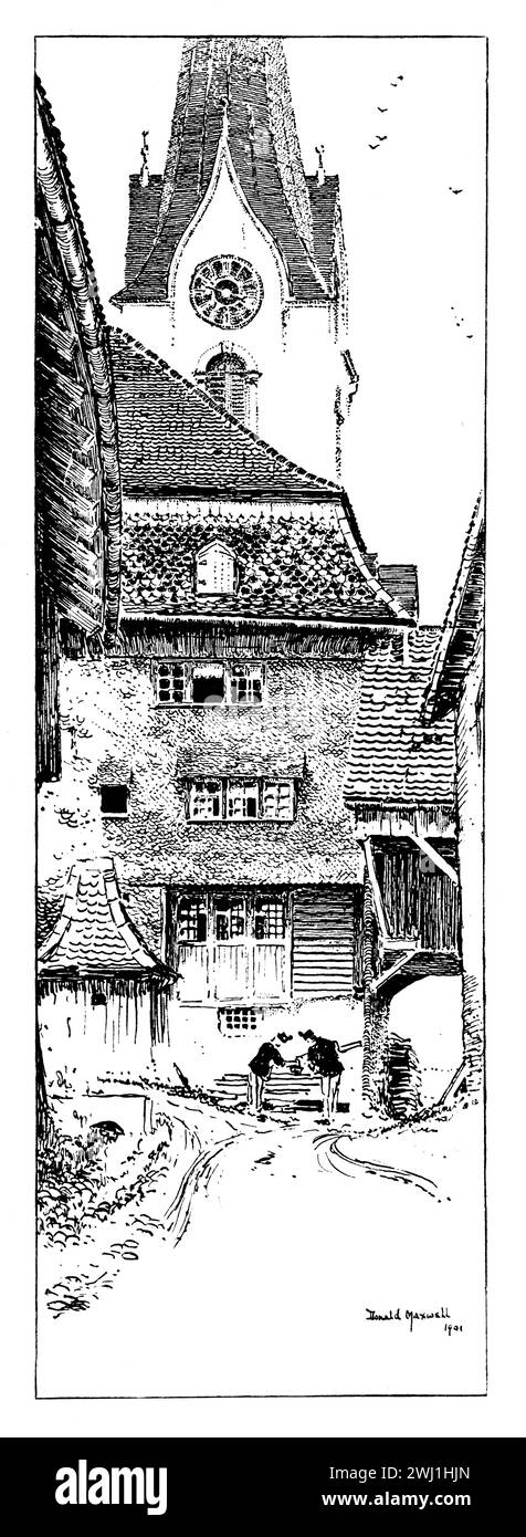 1901 illustration topographique de Magelsburg (Mogelsburg) Suisse, par l'illustrateur anglais Donald Maxwell Banque D'Images