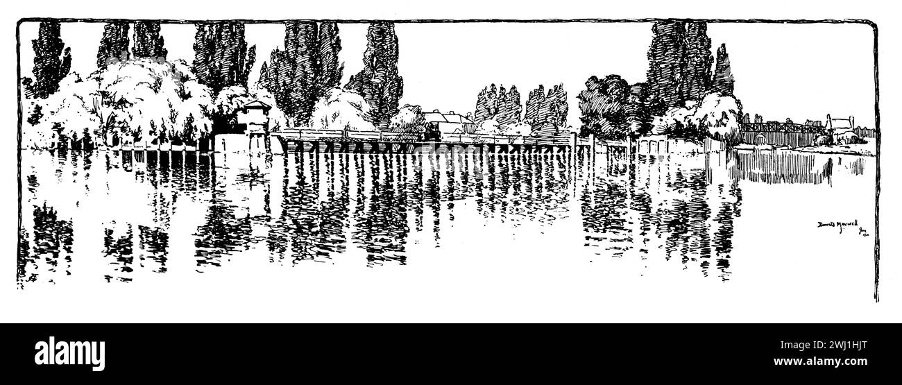 Juin 1901 illustration topographique de l'écluse sur la Tamise à Teddington, par l'illustrateur anglais Donald Maxwell Banque D'Images