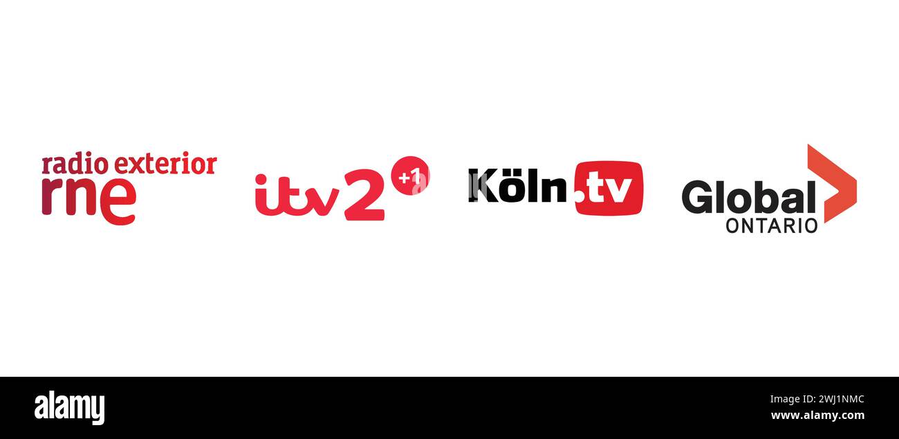 Radio extérieur RNE Spain, ITV 2 plus 1, Koln TV, Global Ontario. Illustration vectorielle, logo éditorial. Illustration de Vecteur