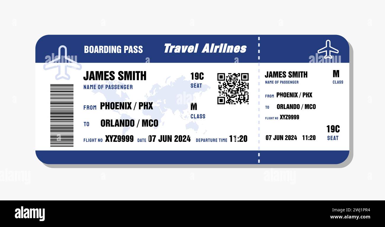 Billet pour Orlando, Floride. Modèle de carte d'embarquement avec données génériques. Illustration vectorielle de billet d'avion de voyage avec code QR. Illustration de Vecteur