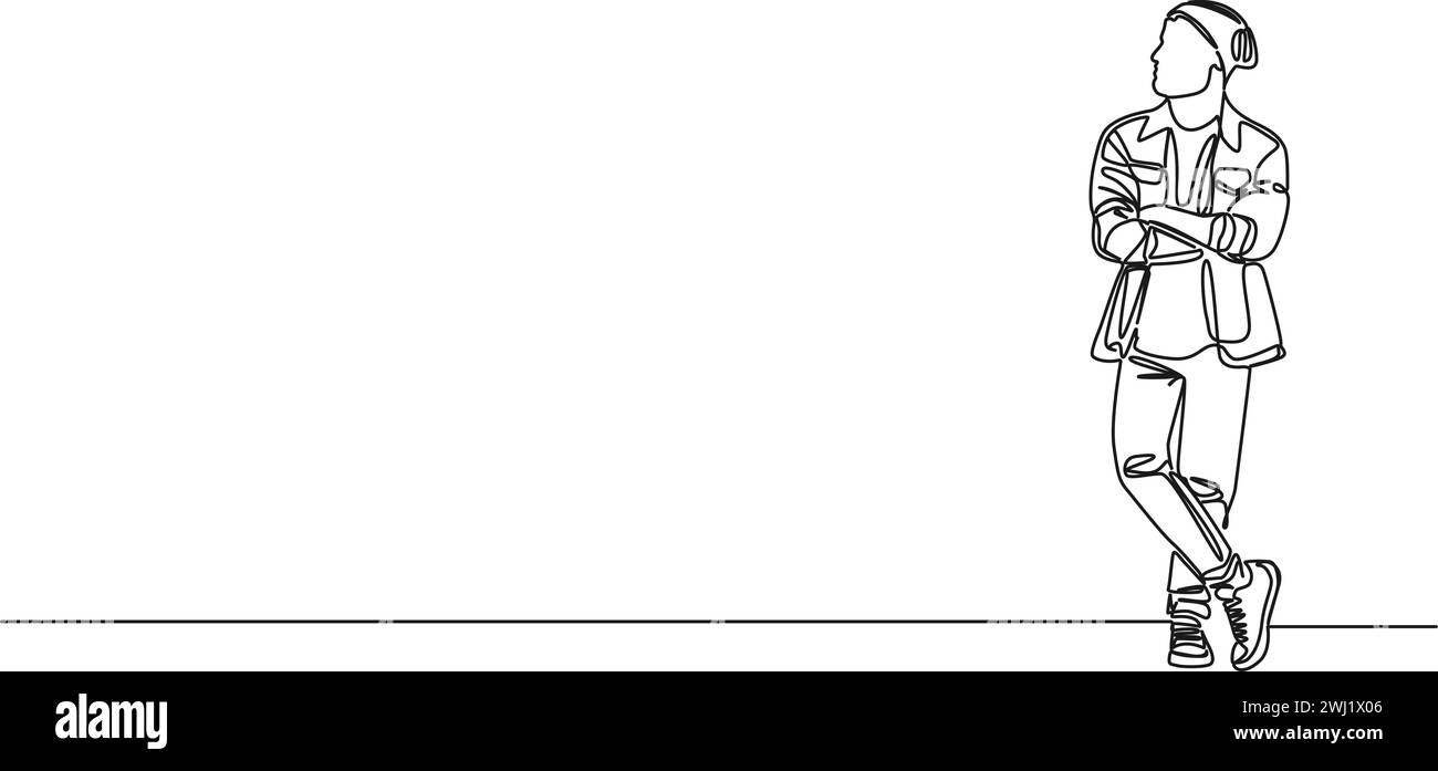dessin en ligne simple continu de l'homme hipster debout avec les bras croisés sur la poitrine, illustration vectorielle d'art au trait Illustration de Vecteur