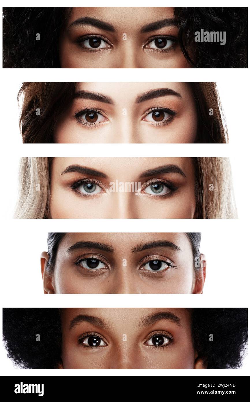 Collage avec des yeux féminins rapprochés d'ethnicité diverse Banque D'Images