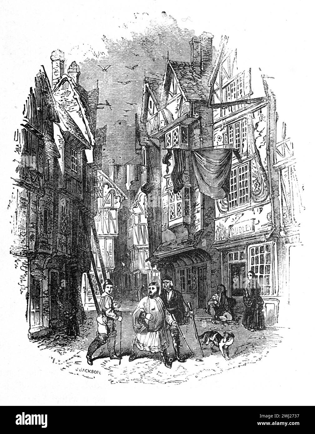 Une rue de Londres du 16ème ou 17ème siècle. Illustration en noir et blanc de la 'vieille Angleterre' publiée par James Sangster en 1860. Banque D'Images