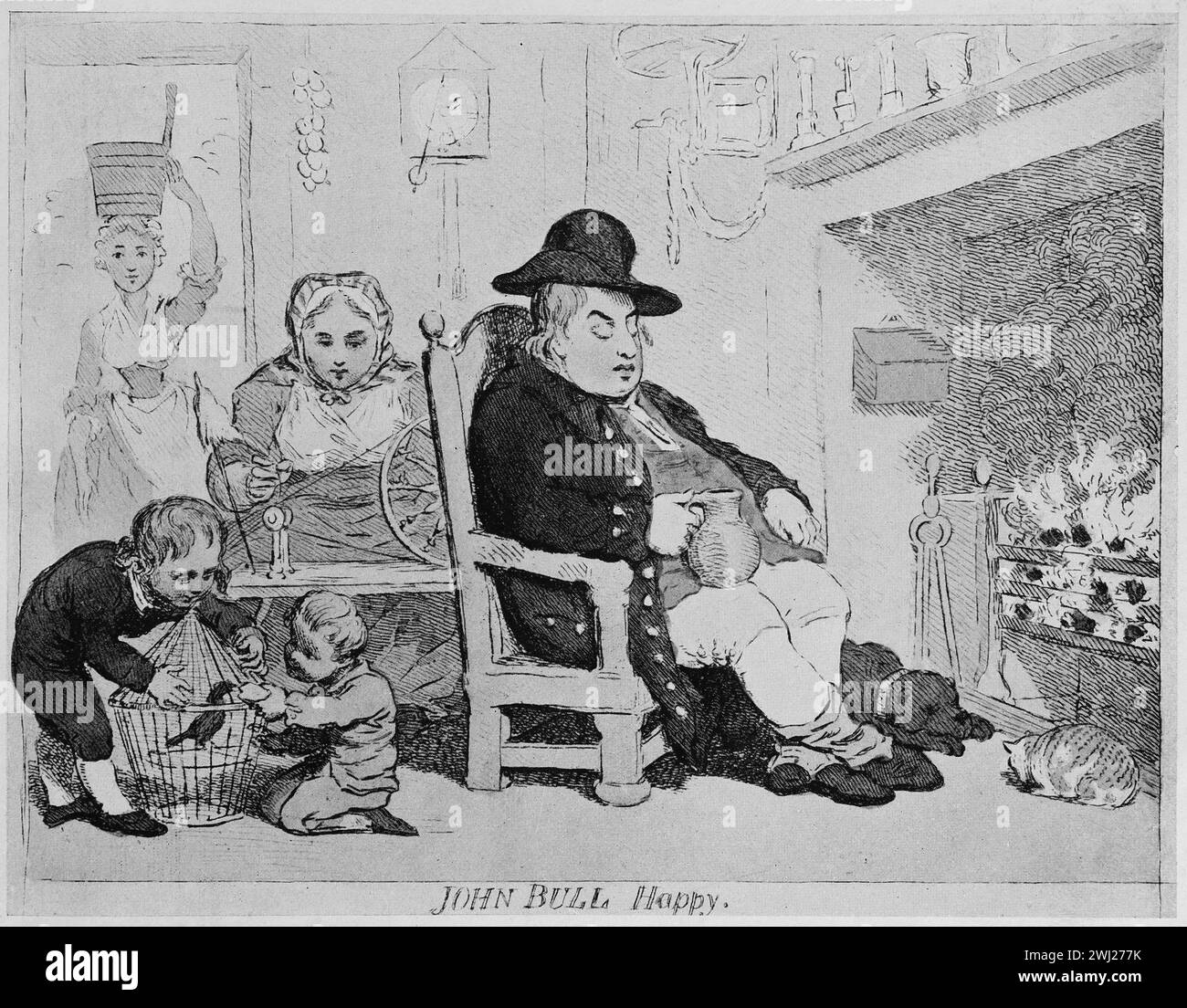 Caricature satirique de James Gillray intitulée John Bull Happy. Illustration en noir et blanc du Connoisseur, un magazine illustré pour collectionneurs Voll 3 (mai-août 1902) publié à Londres. Banque D'Images