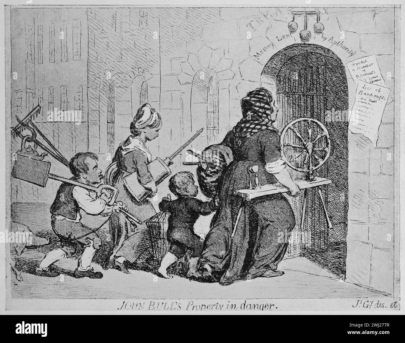 Caricature satirique de James Gillray intitulée John Bull's Property in danger. Illustration en noir et blanc du Connoisseur, un magazine illustré pour collectionneurs Voll 3 (mai-août 1902) publié à Londres. Banque D'Images