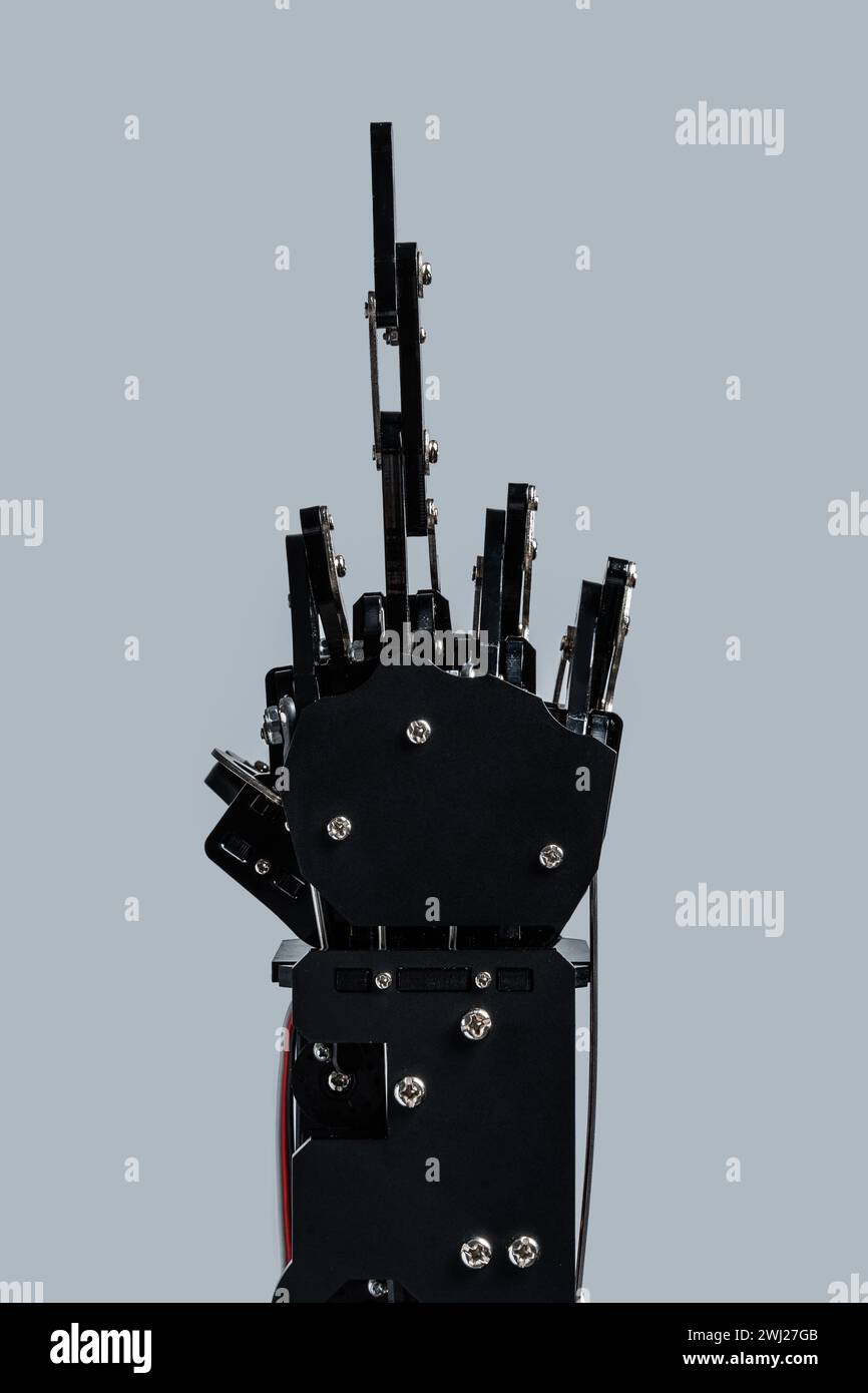 Véritable main robotisée donnant le majeur sur fond gris. Concepts de reprise de l’IA et singularité technologique Banque D'Images