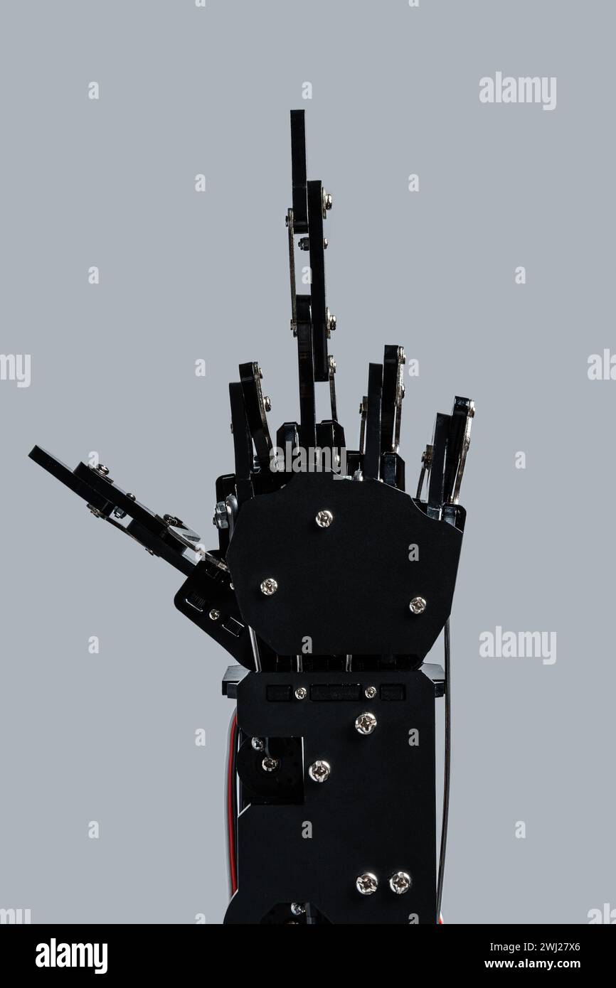 Véritable main robotisée donnant le majeur sur fond gris. Concepts de reprise de l’IA et singularité technologique Banque D'Images