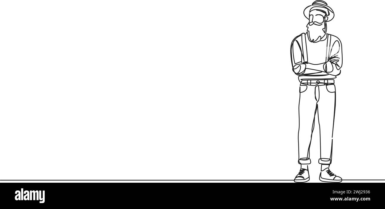 dessin en ligne simple continu de vieux gars hipster barbu debout bras croisés sur la poitrine, illustration vectorielle d'art de ligne Illustration de Vecteur