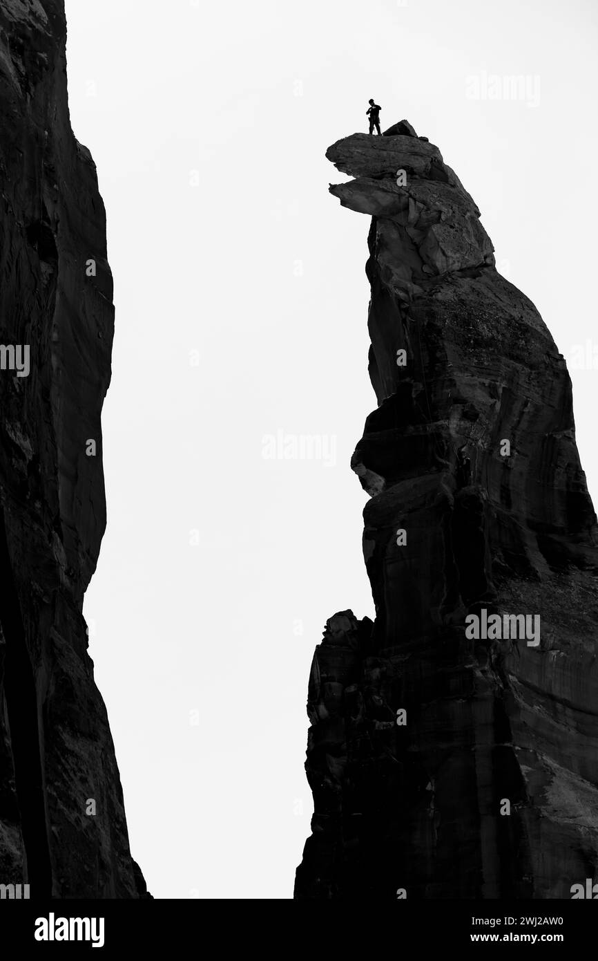 Vue à angle bas de l'alpiniste debout sur le sommet de la falaise rocheuse Banque D'Images