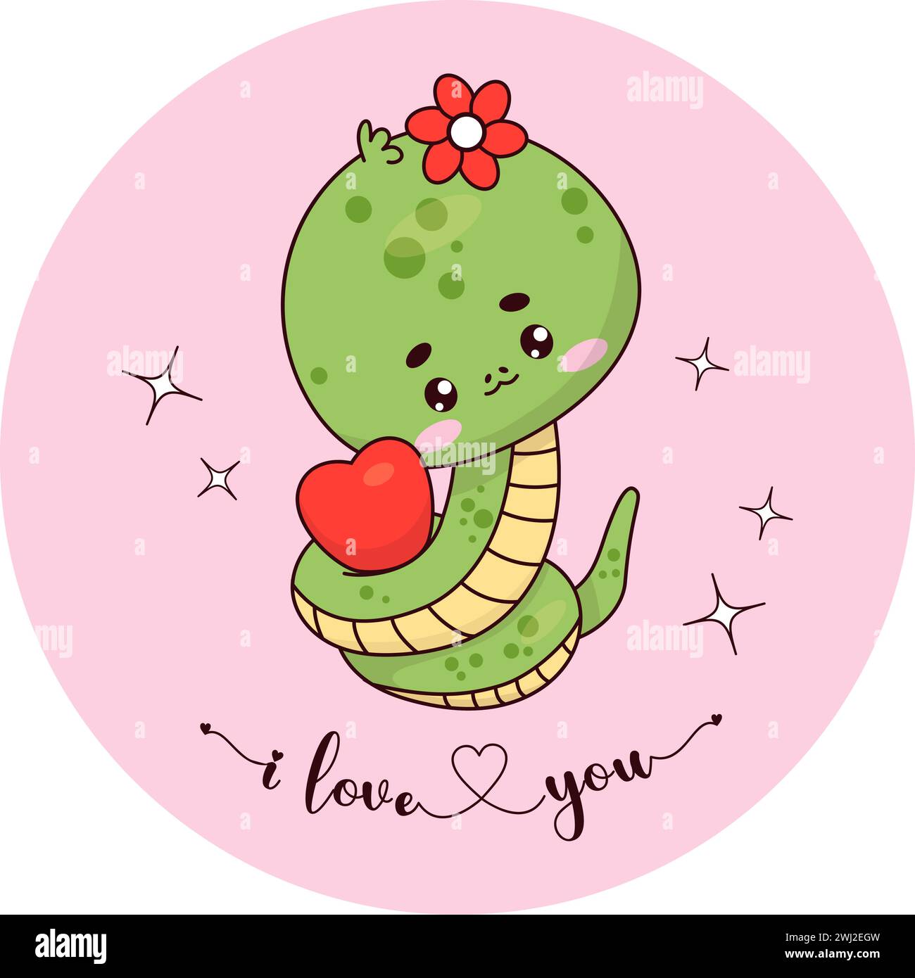 Mignon serpent fille avec coeur. Personnage de reptile kawaii. Carte romantique je t'aime. Illustration vectorielle. Serpent d'amour de dessin animé pour la Saint-Valentin, carte de vacances Illustration de Vecteur