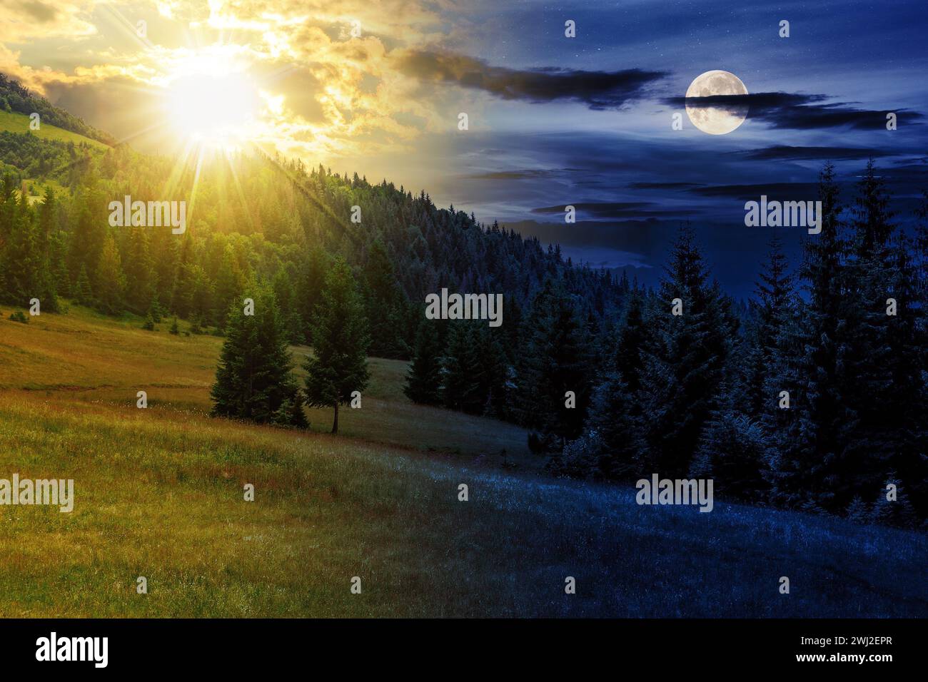 paysage de montagne avec soleil et lune au crépuscule. prairie à flanc de colline avec forêt de conifères. concept de changement de jour et de nuit. pays mystérieux Banque D'Images