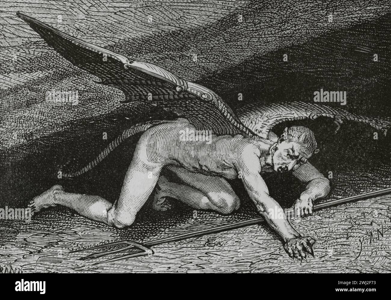 La Divine Comédie (1307-1321). Poème narratif italien du poète italien Dante Alighieri (1265-1321). Inferno (enfer). "De la même manière, cette bête cruelle est tombée par terre..." Illustration de Yann Dargent (1824-1899). Gravure. Publié à Paris, 1888. Banque D'Images