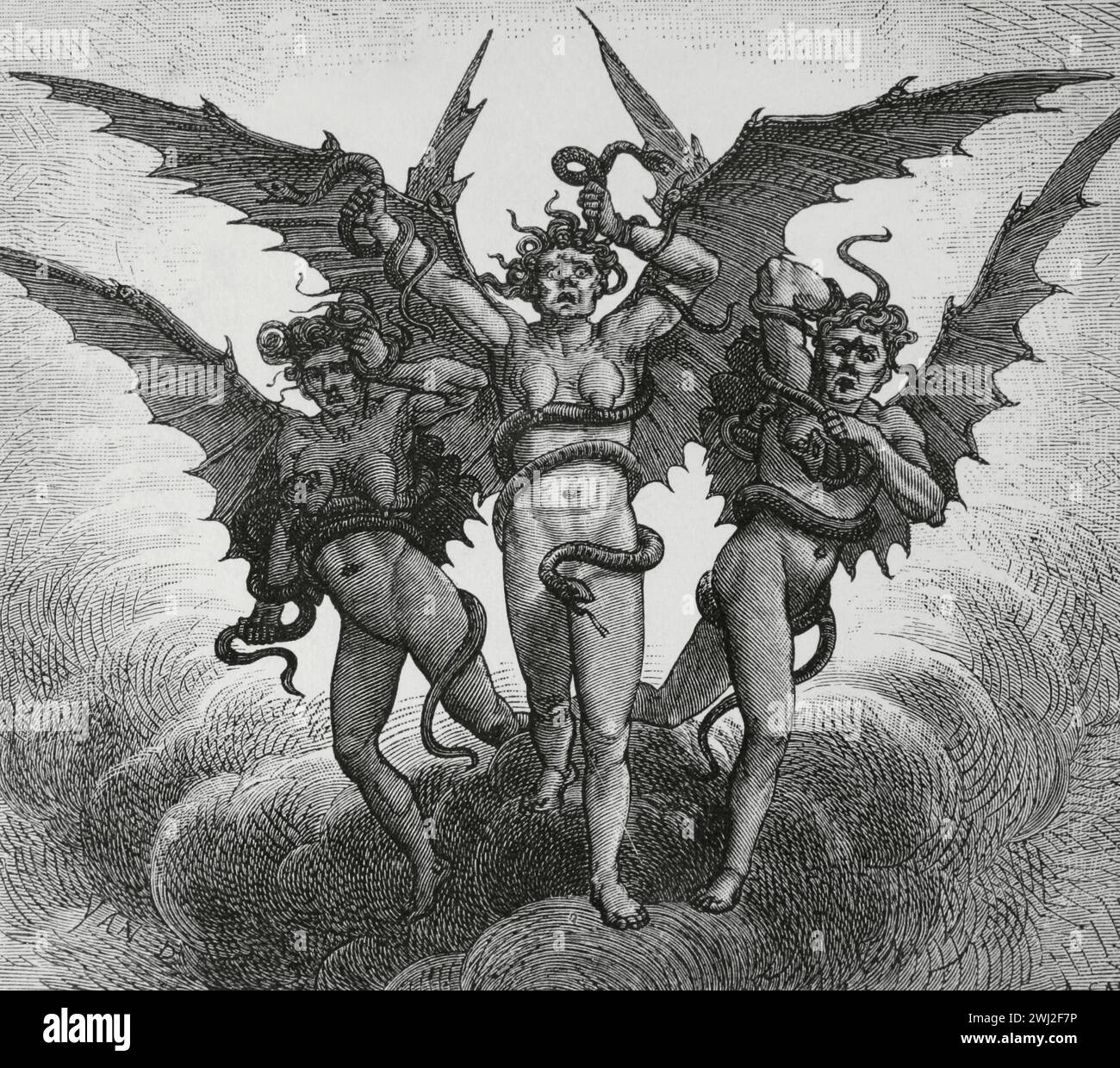 La Divine Comédie (1307-1321). Poème narratif italien du poète italien Dante Alighieri (1265-1321). Inferno (enfer). 'Haut sur ses épaules, pointu et grand, il portait un pécheur droit...'. Illustration de Yann Dargent (1824-1899). Gravure de Navellier & L. Marie. Publié à Paris, 1888. Banque D'Images