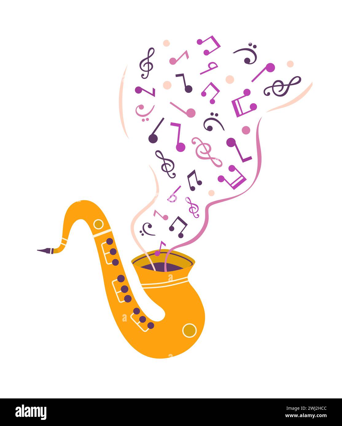 Saxophone Live Music icône vectorielle dessinée à la main mignonne. Sax éclate des notes musicales élément minimal de conception de dessin animé. Festival de musique illustration joyeuse. Jazz Illustration de Vecteur