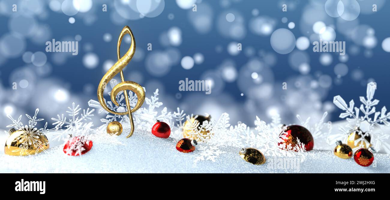 Golden Treble clef boule de Noël flocons de neige - illustration 3D. Banque D'Images