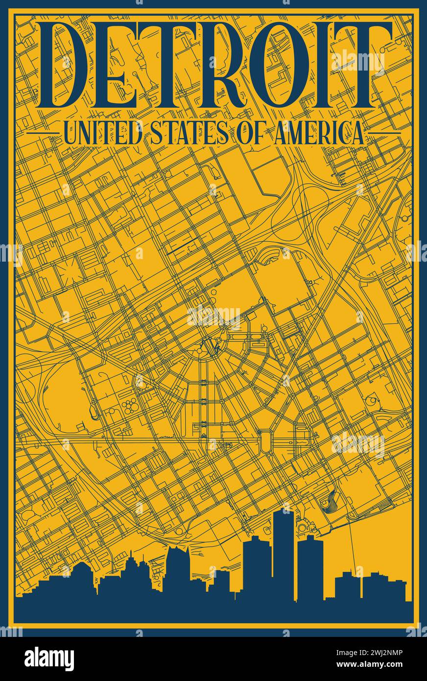 Réseau routier et affiche d'horizon du centre-ville de DETROIT, ÉTATS-UNIS D'AMÉRIQUE Illustration de Vecteur