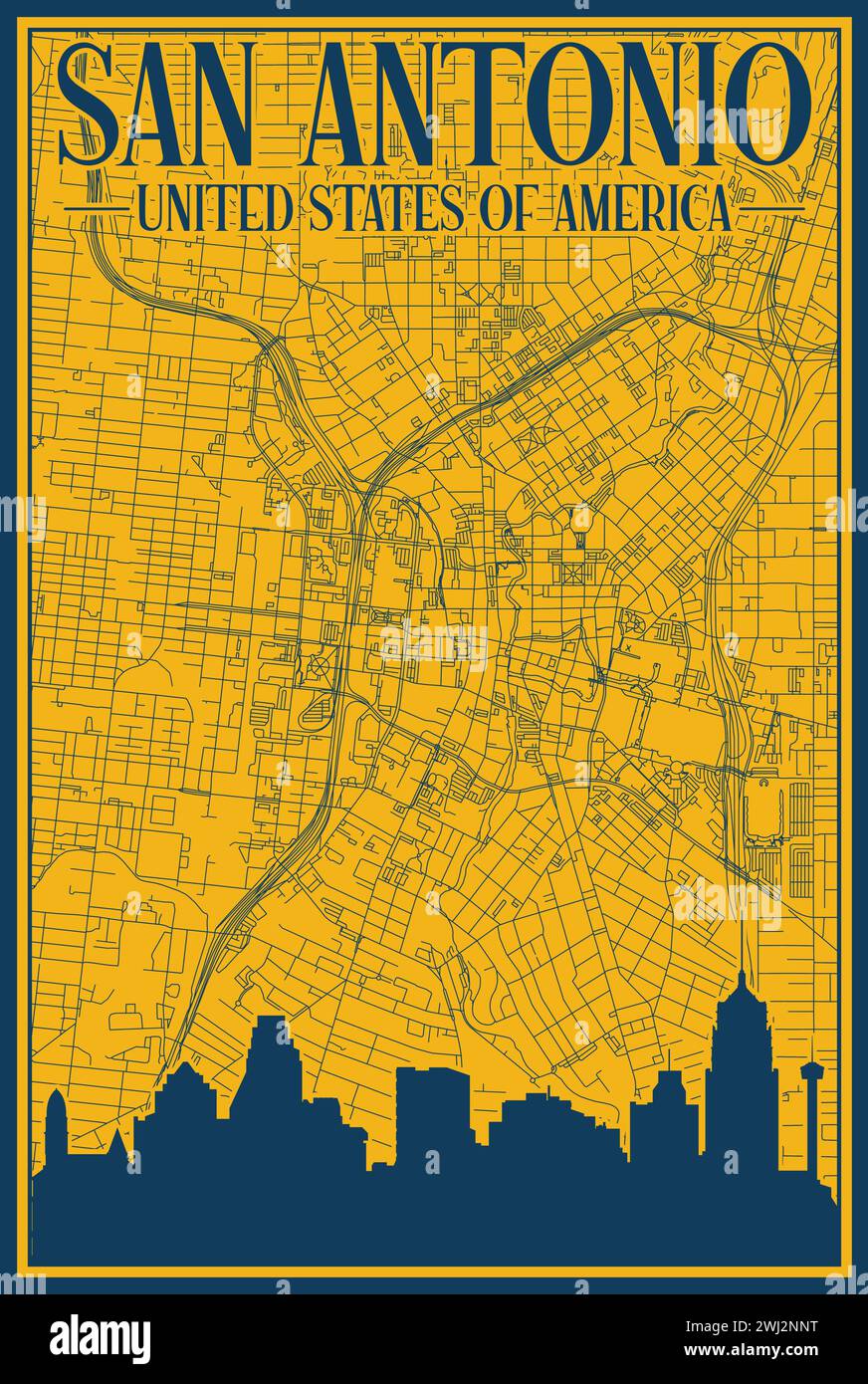 Réseau routier et affiche d'horizon du centre-ville de SAN ANTONIO, ÉTATS-UNIS D'AMÉRIQUE Illustration de Vecteur